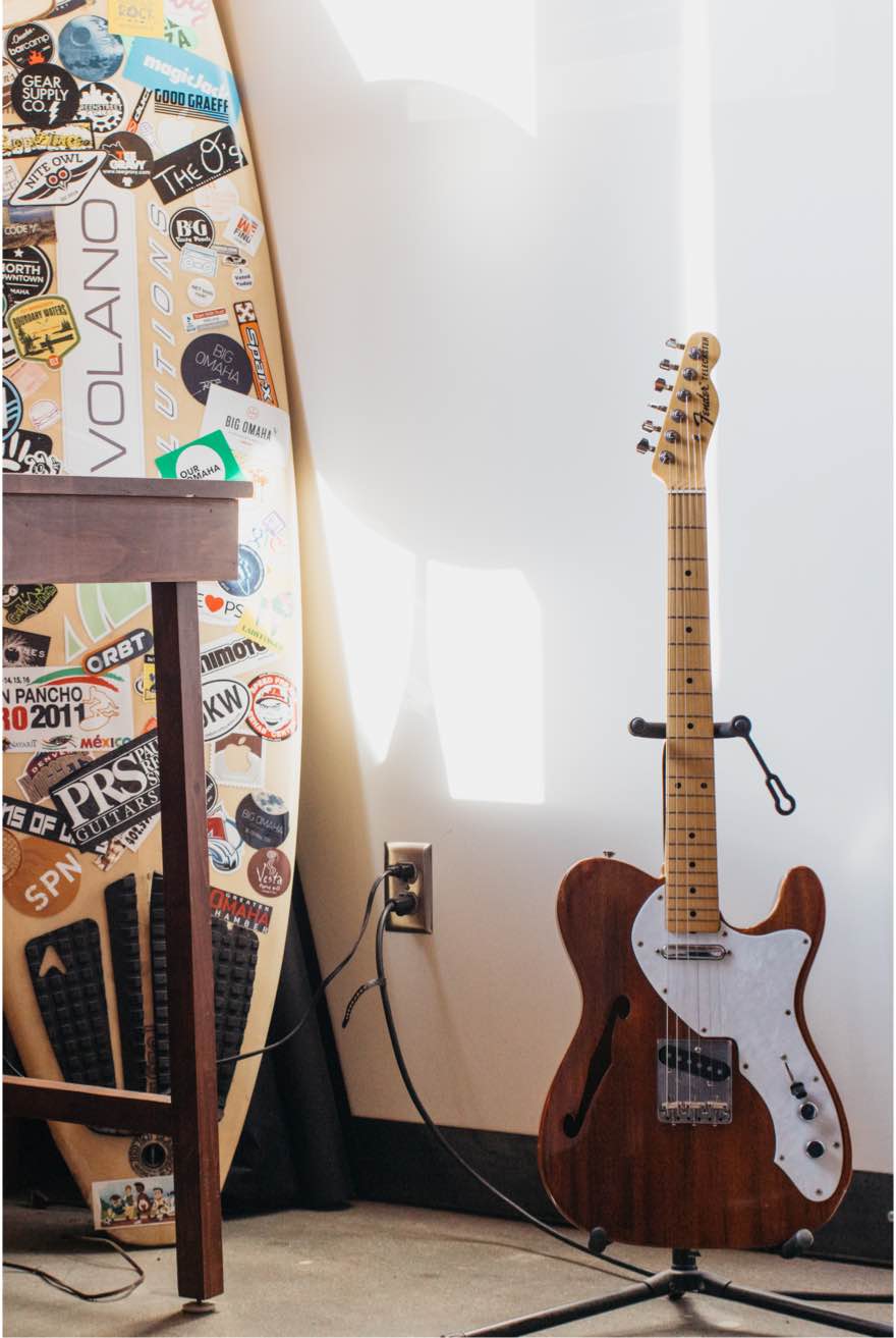 Volano surf board and Don's guitar in the 